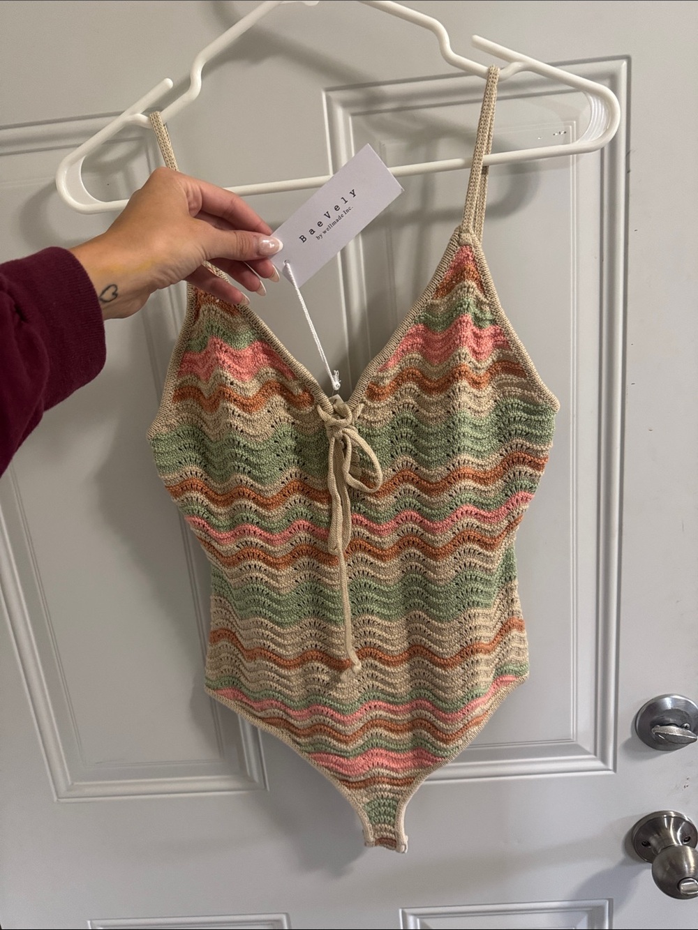 Wavy Crochet Knit Bodysuit in Sage & Peach